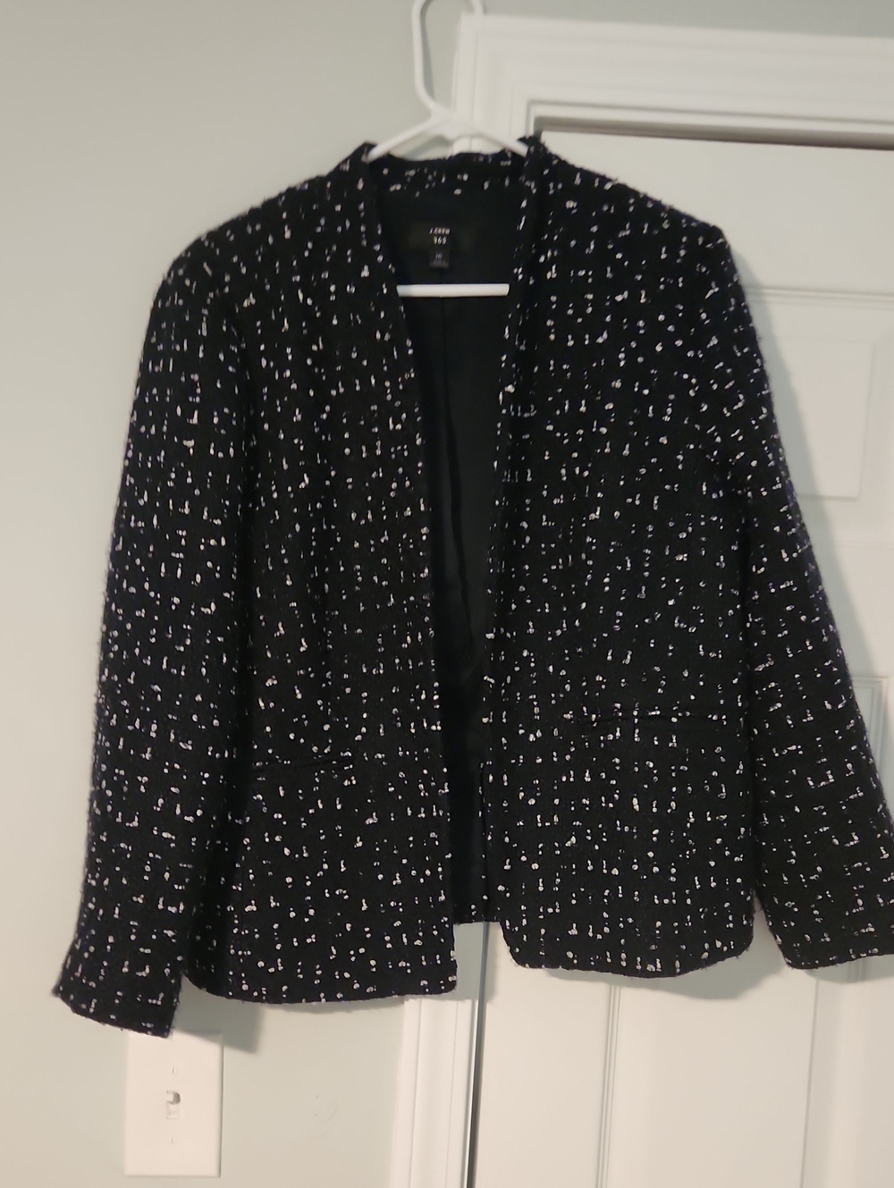 Women’s Black Tweed Open-Front Jacket with White Speckle J Crew Going Out